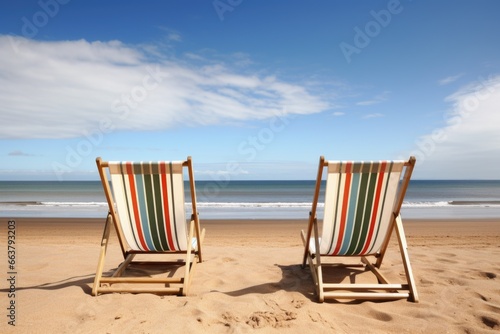 two empty deckchairs facing the ocean on a sandy beach