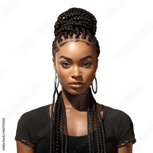Black woman in braids on transparent background, African American, png file, isolated, white background with generative ai photo