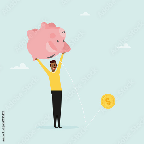 The guy shakes the piggy bank to wipe out the money. The concept of withdrawing money from a deposit, or taking a loan to open your own business. Vector illustration.
