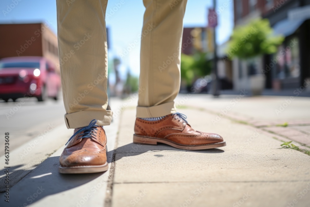 casual shoes stepping off a city sidewalk curb