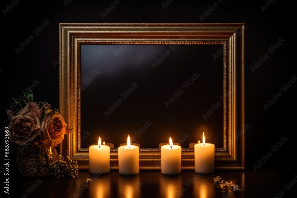 lit candles casting light on a photo frame