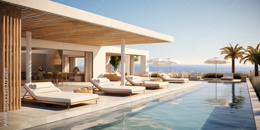 A chic coastal retreat, a modern swimming pool with minimalist loungers and stylish shade umbrellas
