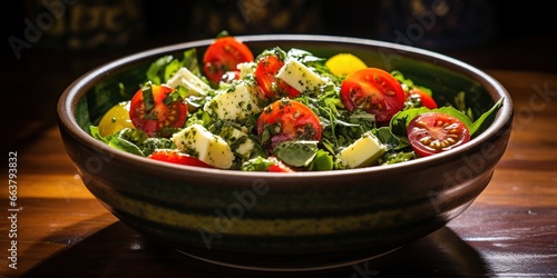 A bowl of salad with tomatoes, spinach, and cheese.