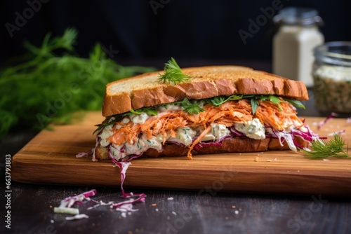 fresh sandwich with coleslaw on a stone board