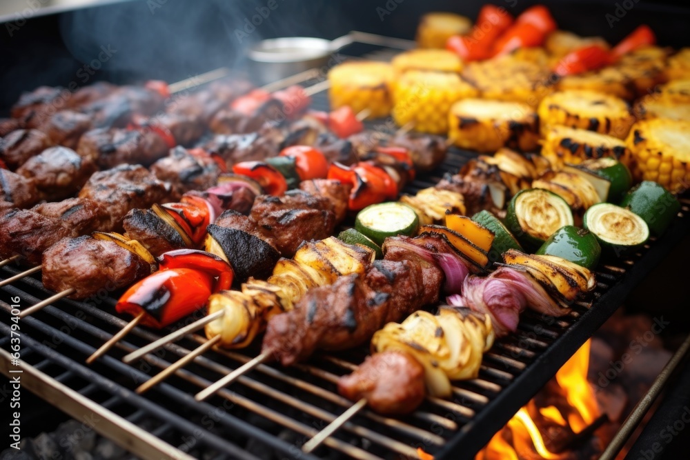 close-up shot of a grill full of barbecue food