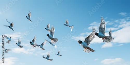 A flock of birds flying through a blue sky.