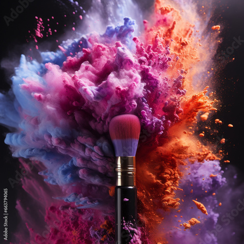 Pink and purple powder blast makeup brush. AI generative