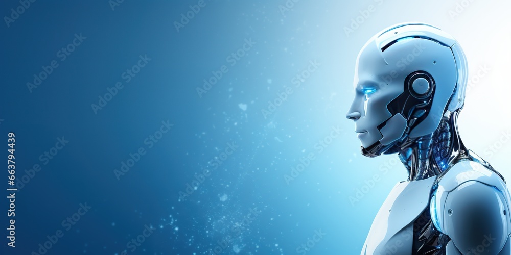 A humanoid robot on a blue background. Banner, place for text.