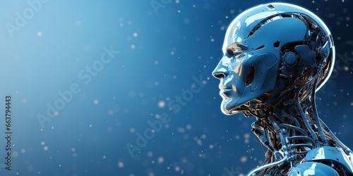 A humanoid robot on a blue background. Banner  place for text.