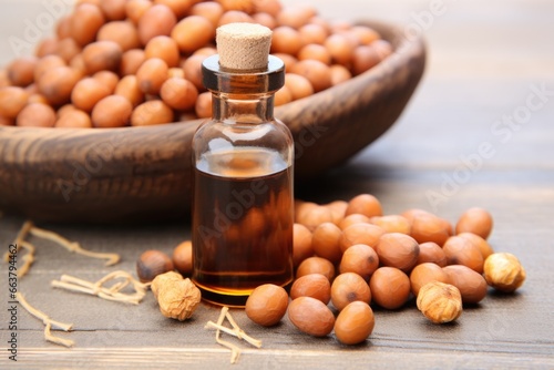 argan oil in a dropper bottle with actual argan nuts
