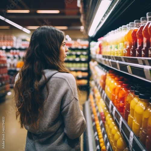A woman comparing products in a grocery store. woman in supermarket choosing healthy juice. female buyer looking picking organic bottle. wide assortment of goods in grocery store. concept consumer