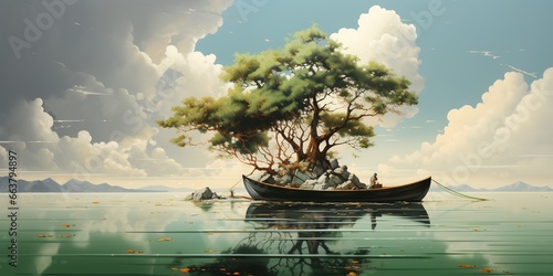 A painting of a boat floating on a body of water. © Svitlana
