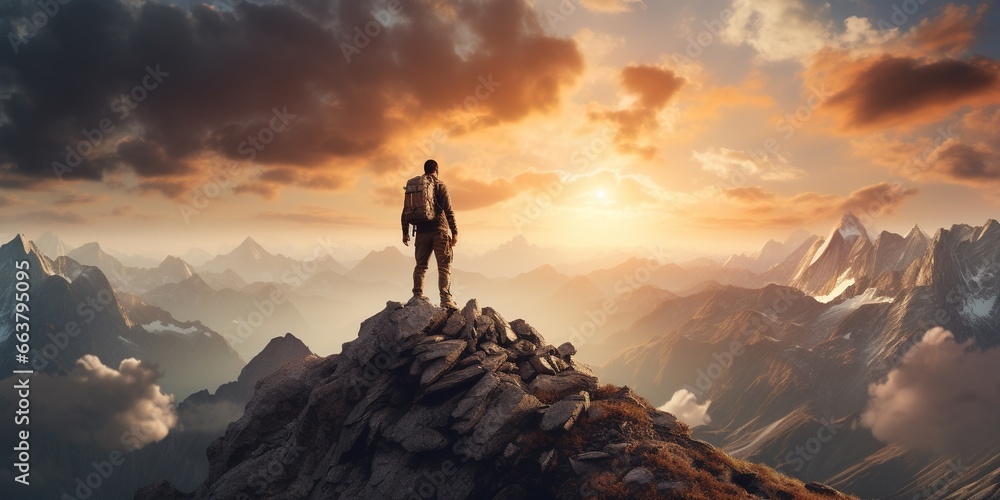 Fototapeta premium A person standing on top of a mountain at sunset.