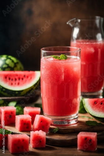 Watermelon smoothie in a glass with ice cubes and mint.