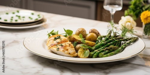 A plate of chicken, asparagus, potatoes, and green beans on a white plate on a marble table top with a marble surface.