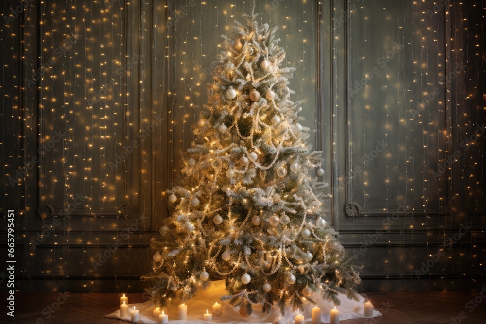 Obraz premium spruce christmas tree adorned with soft white fairy lights