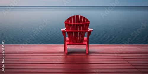 A red chair sitting on top of a red deck.