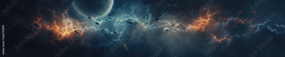 Ethereal clouds of a colorful nebula cascade through the cosmic expanse. Ethereal clouds of a colorful nebula cascade through the cosmic expanse.
