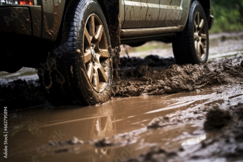 wheels of a vehicle getting stuck in deep mud