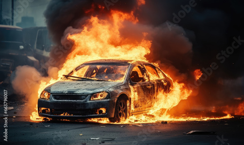 Burning car emitting thick smoke on a street.