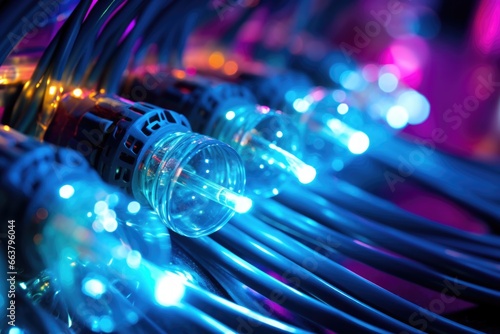 close up of fiber optic cables with glowing lights