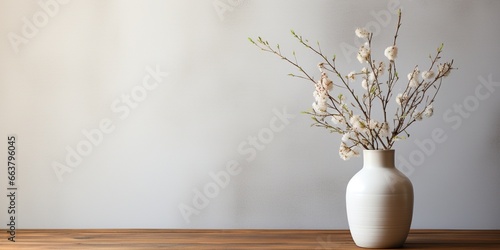 A white vase sitting on top of a wooden table next to a wall.