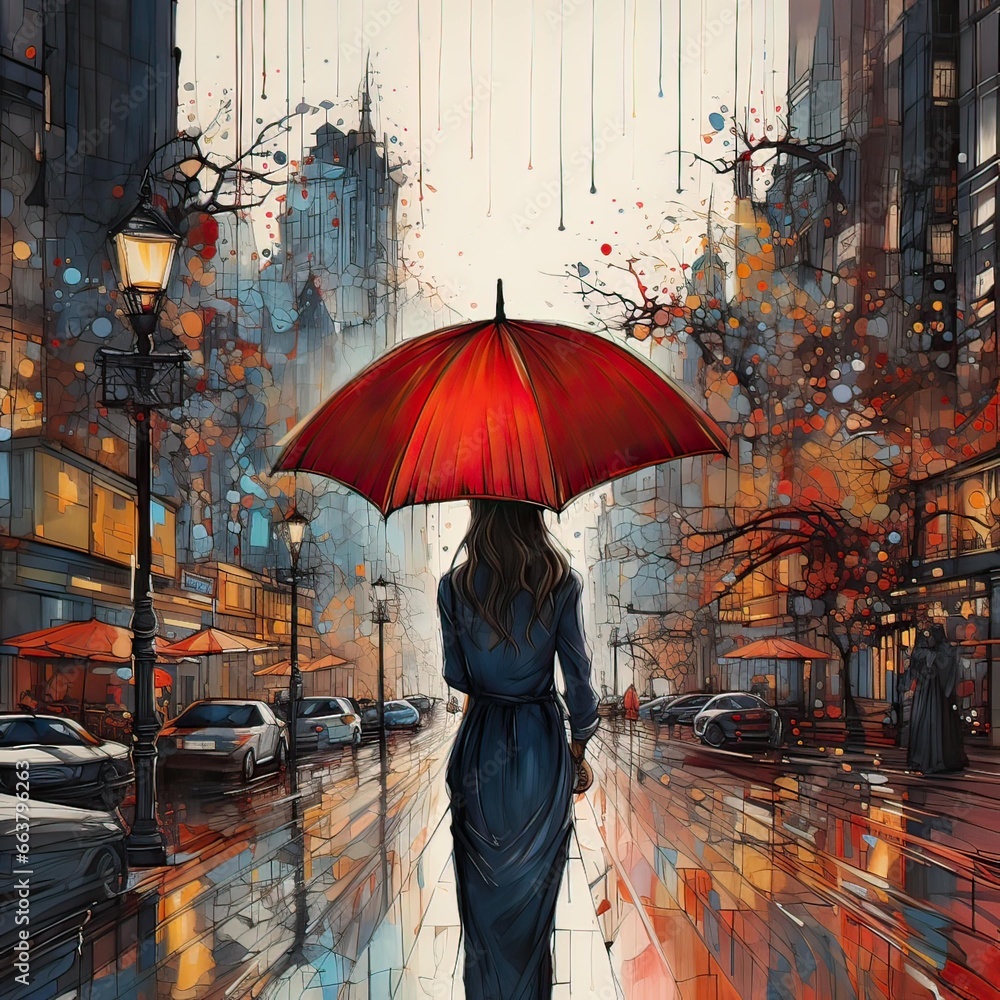 Fototapeta premium Line drawing of a woman on a rainy day, carrying a red umbrella. She walks down a modern city street. The wet street reflects buildings and surroundings.