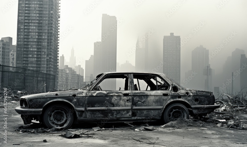 Abandoned, wrecked car in a city.