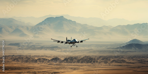 A military drone surveils a vast, barren desert.
