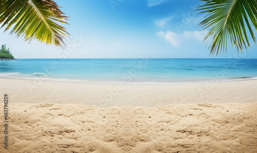 Sunlit sand foreground with a soft-focus palm tree. © Lidok_L