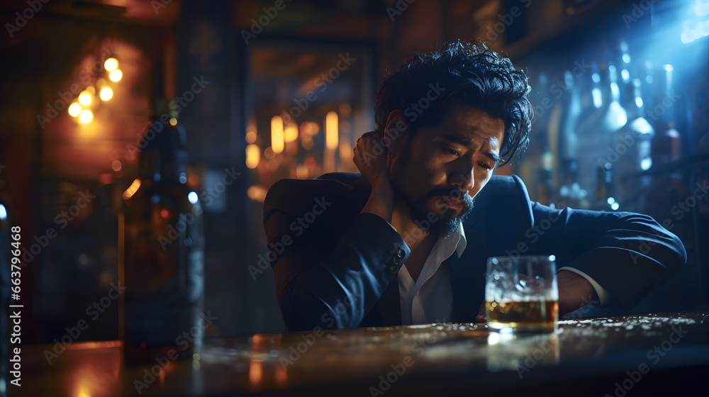 Drunk desperate depressed sad asian man sitting in a bar drinking hard liquor