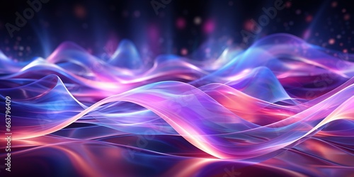 Abstract futuristic background with purple and blue glowing neon moving high speed wave lines and bokeh lights. Visualization of sound waves. Data transfer.