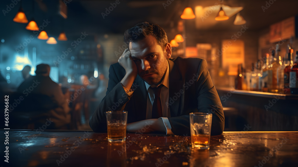Drunk desperate depressed sad man sitting in a bar drinking hard liquor - obrazy, fototapety, plakaty 