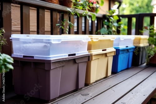 a neat row of plastic storage boxes on a patio © Alfazet Chronicles