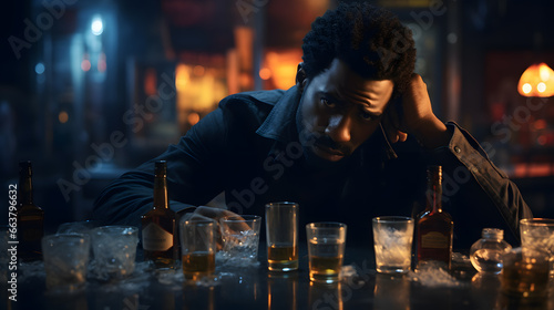 Drunk desperate depressed sad black man sitting in a bar drinking hard liquor