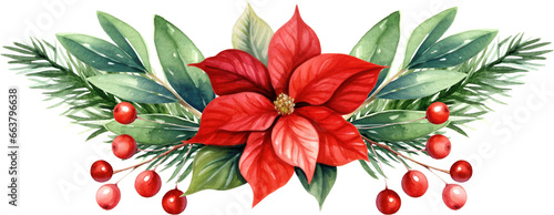 Christmas watercolor illustration red poinsettia flower with lush greenery, leaves, and bright red berries. Frame Border festive botanical composition © Artem