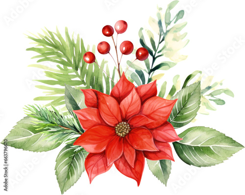 Elegant watercolor illustration of a festive Christmas bouquet with vibrant red poinsettia, greenery, berries, and seasonal botanical elements.