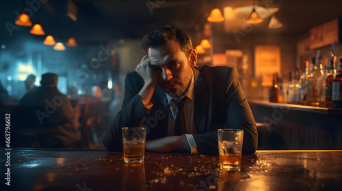 Drunk desperate depressed sad man sitting in a bar drinking hard liquor