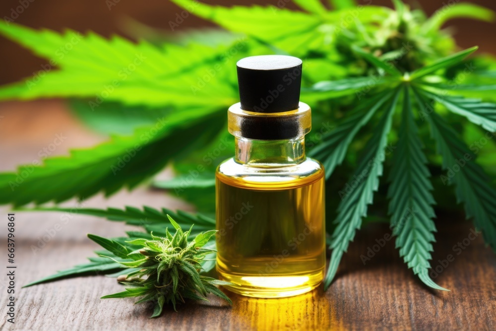 bottle of cbd oil near hemp leaves bottle of cbd oil near hemp leaves