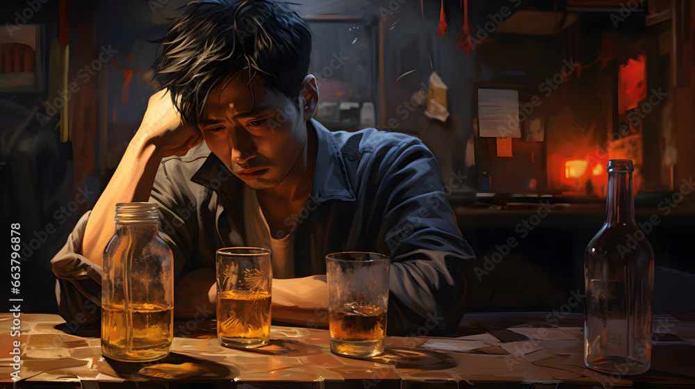 Drunk desperate depressed sad asian man sitting in a bar drinking hard liquor
