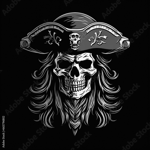 logo emblem tattoo with the skull of dead pirate in a hat on a black isolated background