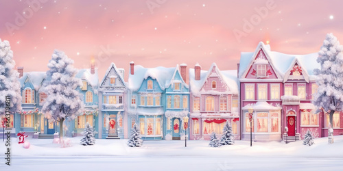 Winter cute town with snow-covered street and cozy houses. Town landscape background, greeting card. Generative AI © AngrySun
