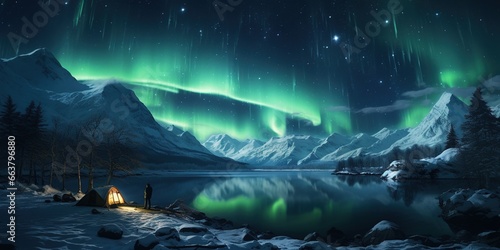 Aurora borealis at night with man camping over the snow