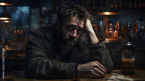 Drunk desperate depressed sad man sitting in a bar drinking hard liquor