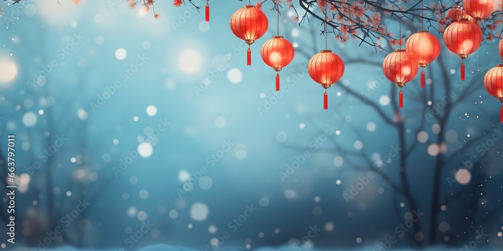 Beautiful chinese New Year background with red Chinese lanterns on green fir branches on blue gradient background with snow and bokeh effect. Template of New Year card. Beautiful chinese New Year background with red Chinese lanterns on green fir branches on blue gradient background with snow and bokeh effect. Template of New Year card.