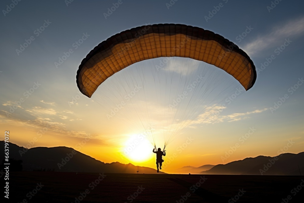 paraglider silhouette taking off at sunrise - obrazy, fototapety, plakaty 