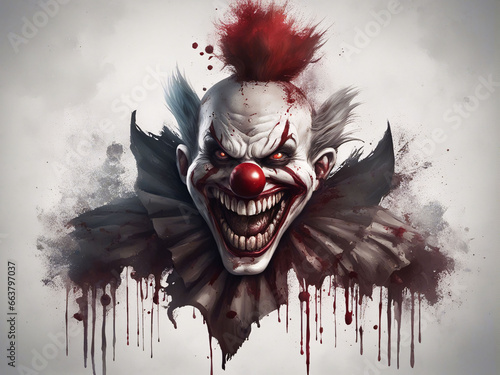 An evil looking clown laughing.