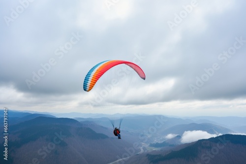colorful paraglider against a cloudy grey sky