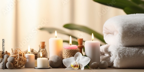 Beautiful spa treatment composition such as Towels  candles  essential oils  Massage Stones on light wooden background. blur living room  natural creams and moisturising