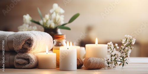 Beautiful spa treatment composition such as Towels  candles  essential oils  Massage Stones on light wooden background. blur living room  natural creams and moisturising Healthy lifestyle 